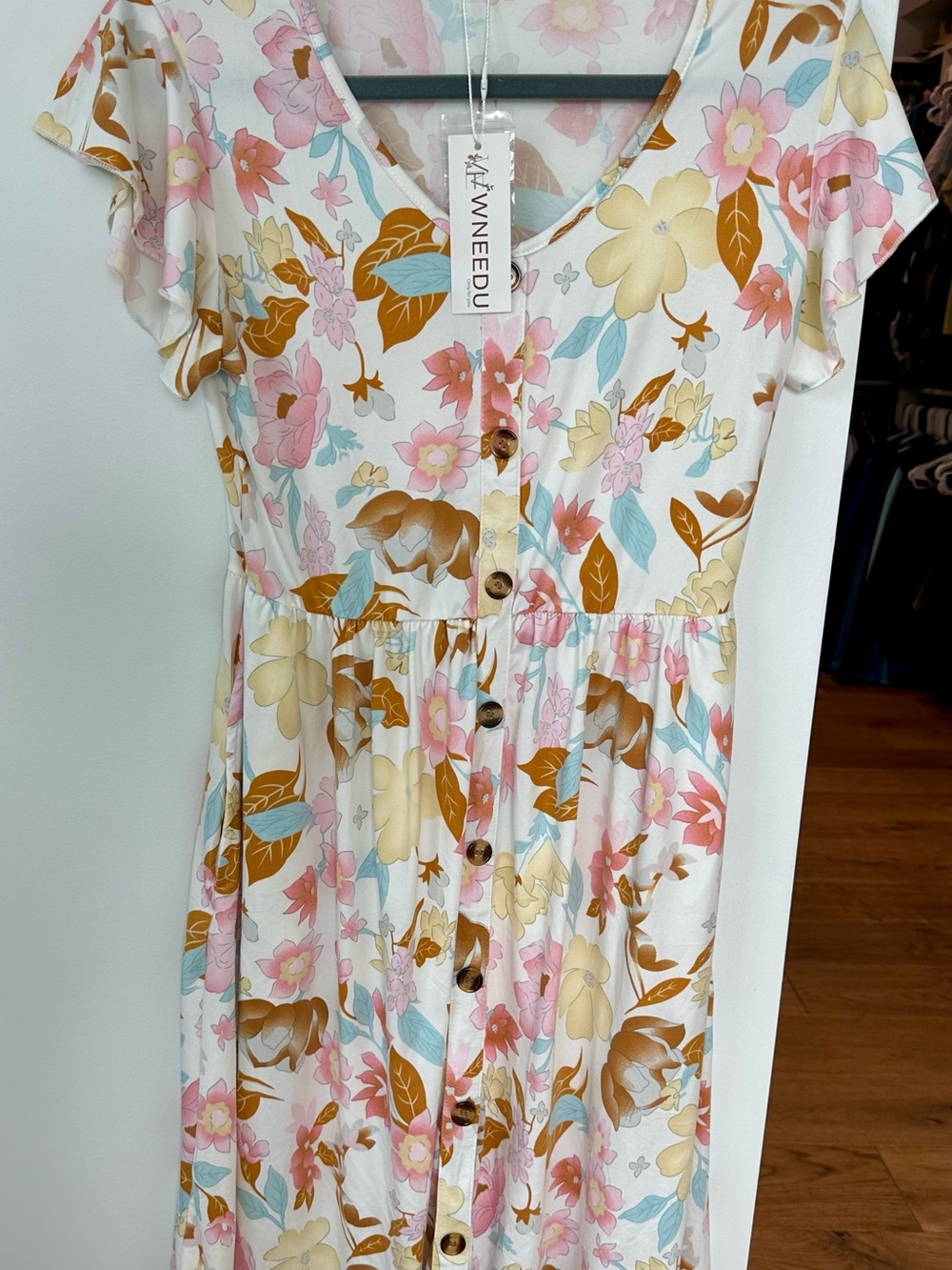 Floral Button-Front Midi Dress in Cream with Pastel Florals